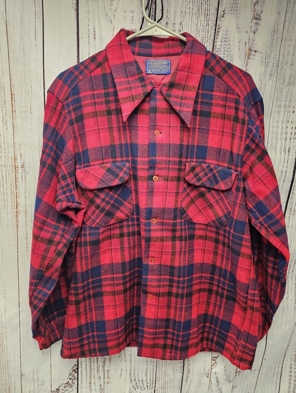 Vintage Pendleton Board Shirt Red Blue Plaid 100% Virgin Wool Men's Size L